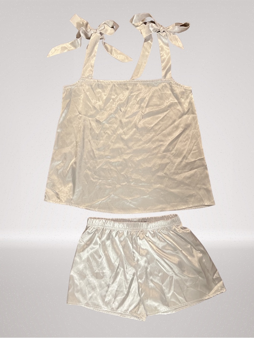 Simply Southern Satin Pajama Set Ivory Bow Strap Cami & Shorts Size Medium